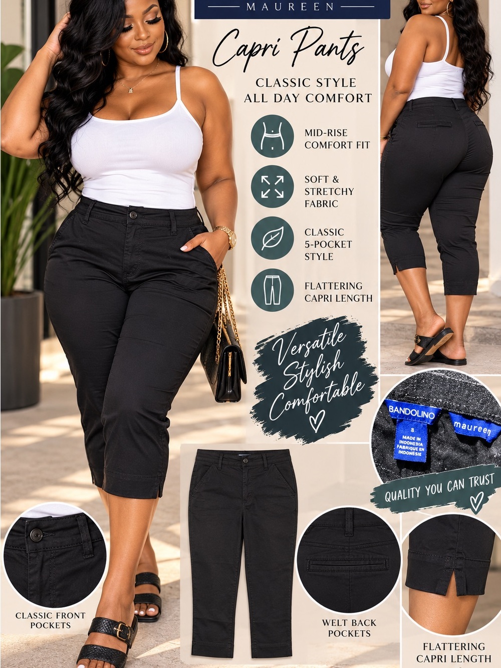 Bandolino Black Mid-Rise Capri Pants size 8